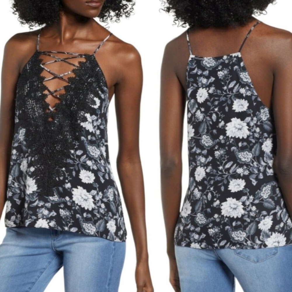NWT WAYF Posie Black Ivory Floral Print Strappy Camisole Top Lace Detail Sz XL